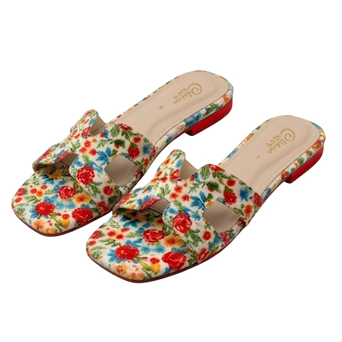 Women Floral Print Flat Slip On Sandals Open Toe Cutout Slide Slippers