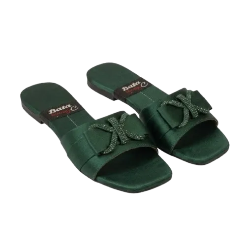 Embellished Bow Flat Slide Sandals with Square Toe