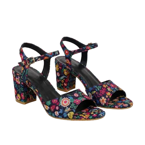 Floral Print Block Heel Sandals with Adjustable Ankle Strap