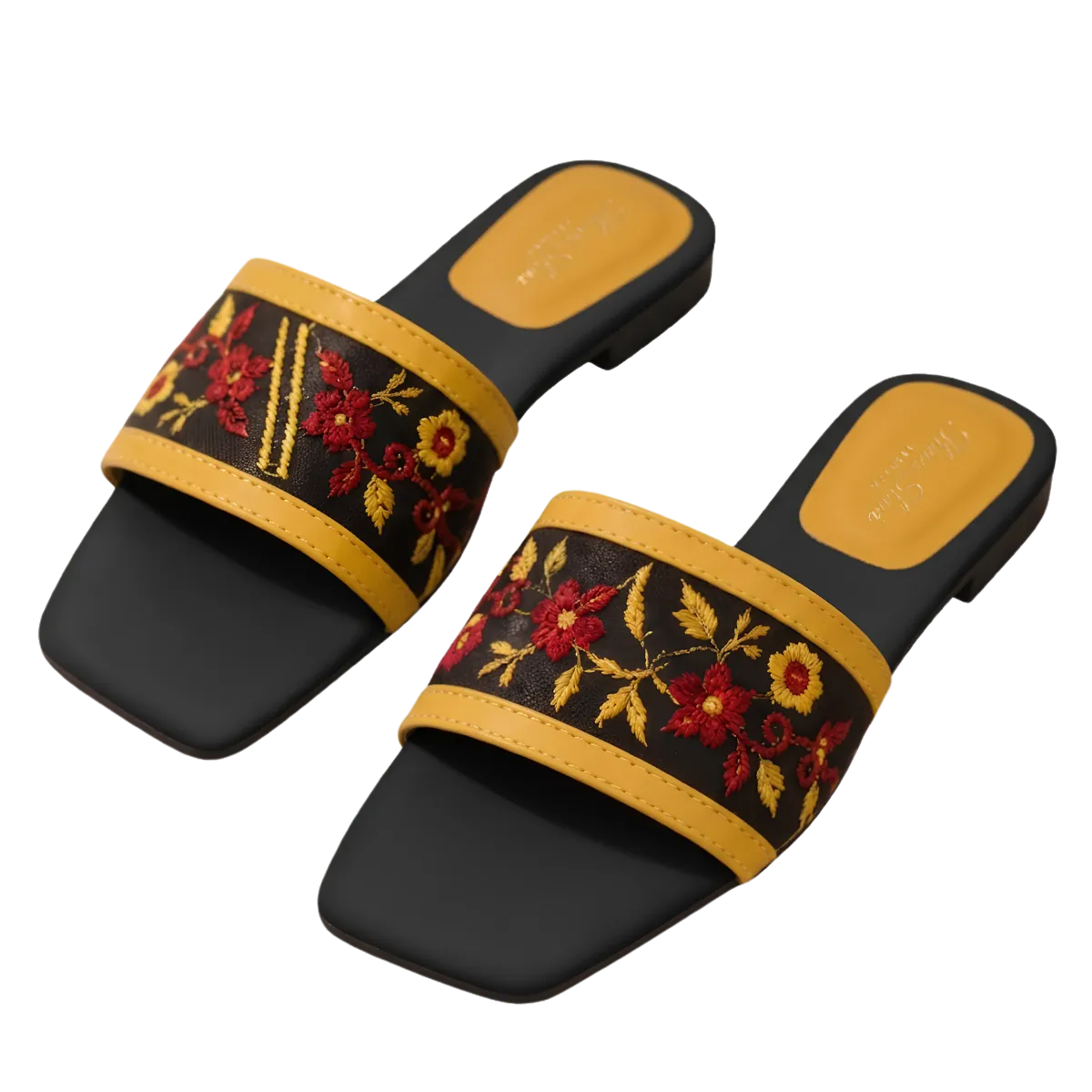 Women's Floral Embroidered Square Toe Flat Slide Sandals