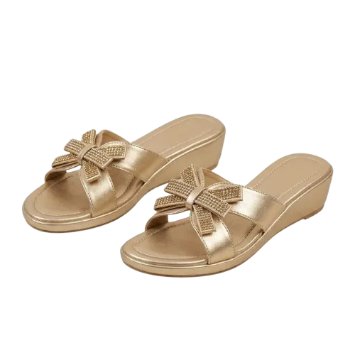 Women's Embellished Bow Wedge Sandals - Slip-On Open Toe Slide Shoes