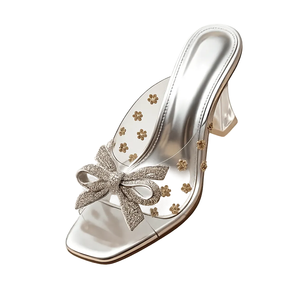 Open Toe Heeled Mule Sandal with Embellished Bow Detail
