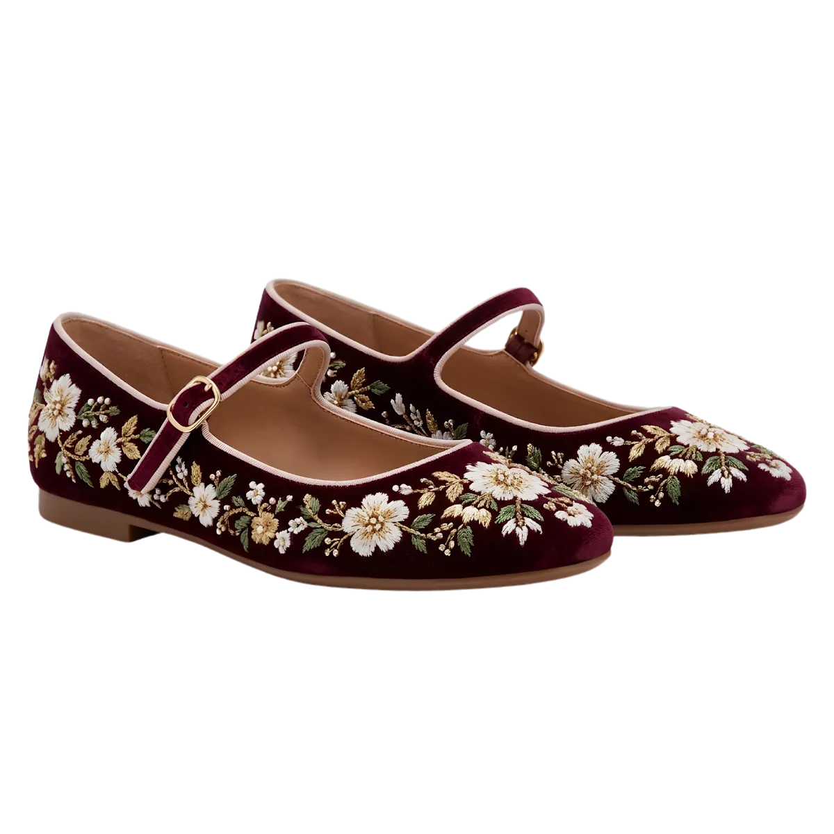 Womens Floral Embroidered Mary Jane Flat Shoes Buckle Strap