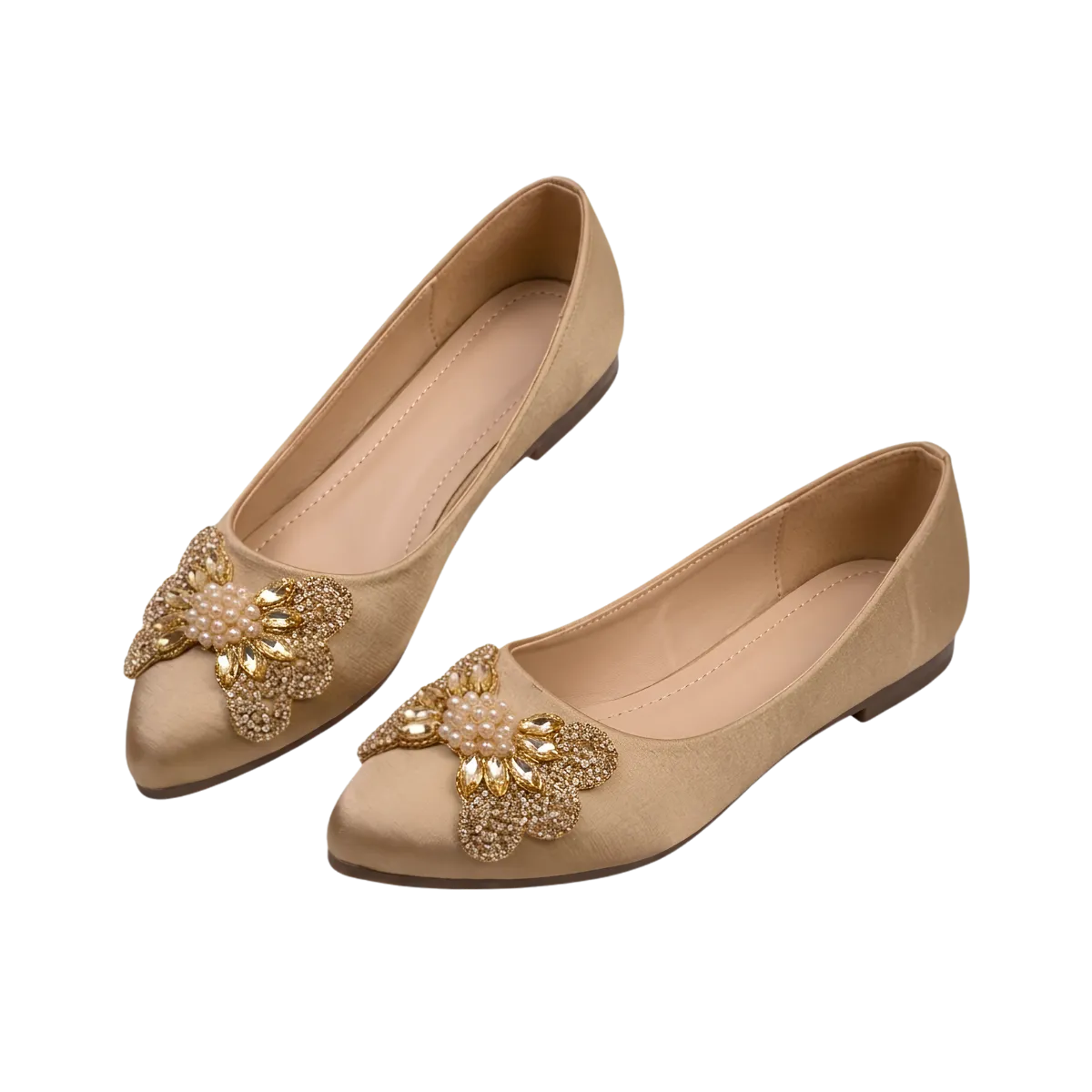 Embellished Pointed Toe Flat Shoes with Crystal Detail