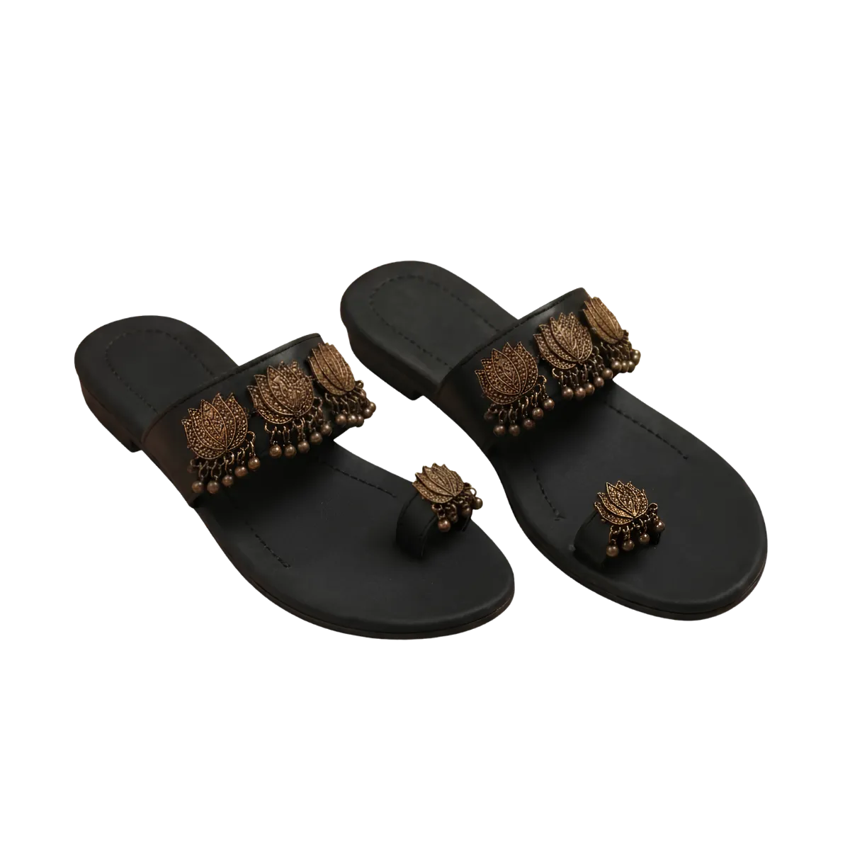 Women's Ethnic Lotus Embellished Toe-Ring Flat Sandals