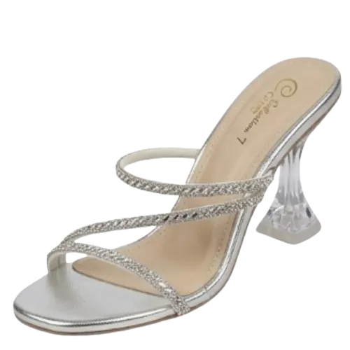 Women's Embellished Strappy Mule Sandals with Clear Sculpted Heel